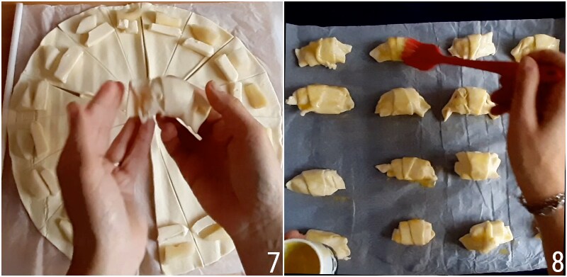 d. badigeonner les croissants avec du jaune d’œuf et des graines de sésame