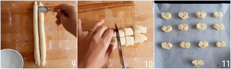 d. couper le rouleau de pâte pour former les palmiers