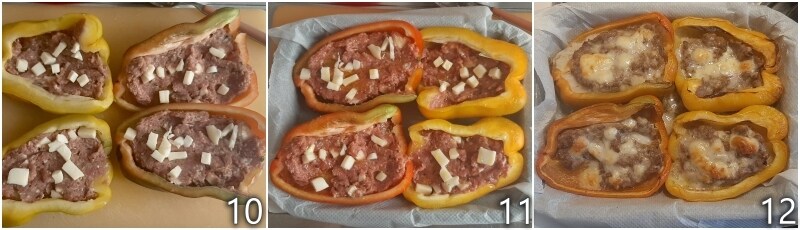 d. cuire les poivrons farcis à la viande au four