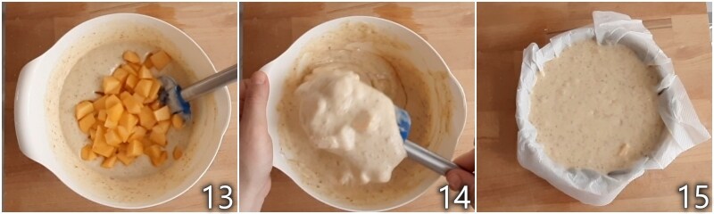 e. ajouter à la pâte du gâteau au yaourt les pêches en morceaux