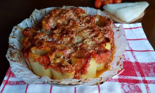 Paccheri farcis de morue et pommes de terre