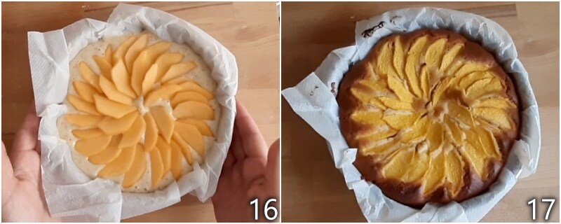 f. cuire au four le gâteau aux pêches et amaretti