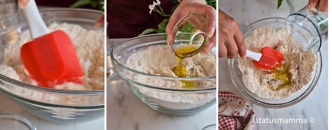 focaccia-moelleuse-flocons-patate-mélanger-huile d'olive-eau