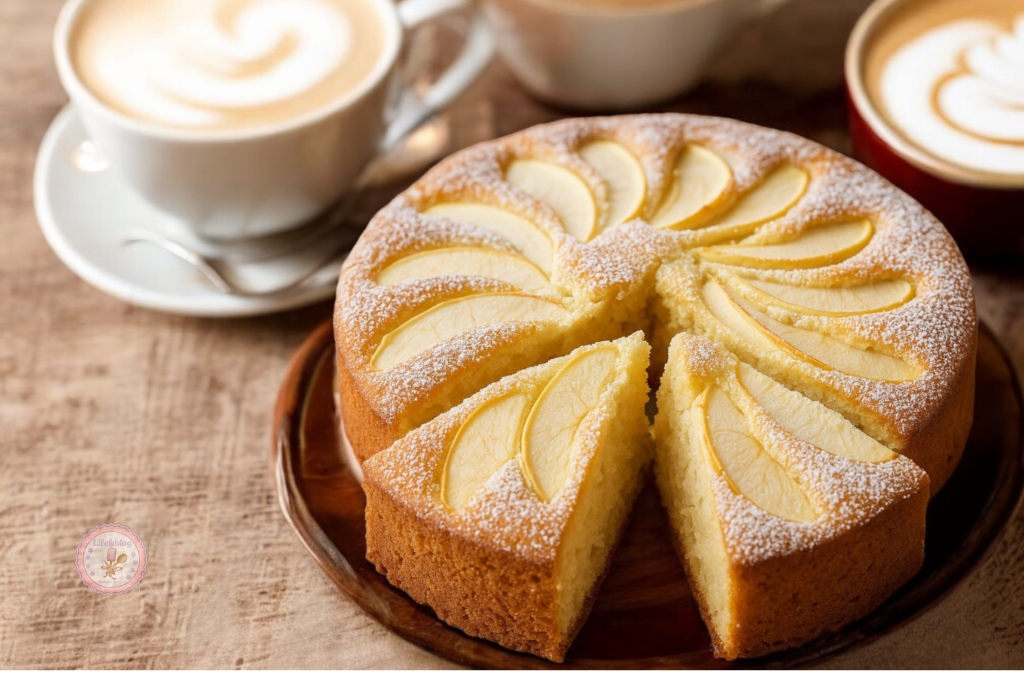 Gâteau aux pommes fait maison, sans beurre ni huile, coupé en carrés et saupoudré de sucre glace, sur fond rustique en bois.