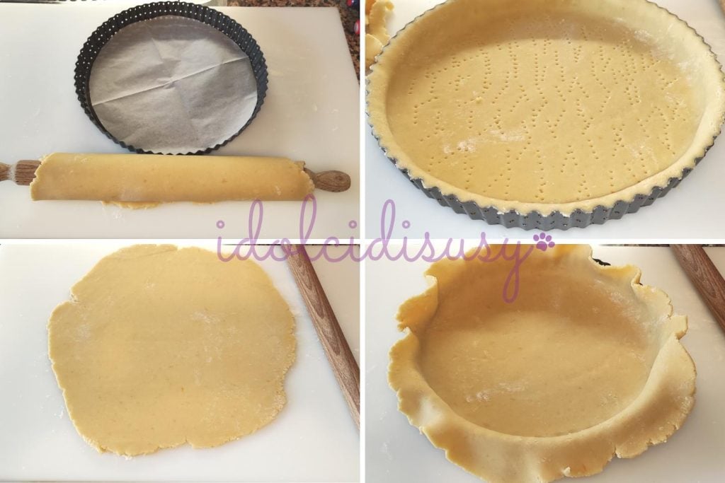Étapes de la préparation de la tarte : étalement de la pâte, disposition dans le moule et piquage avec une fourchette