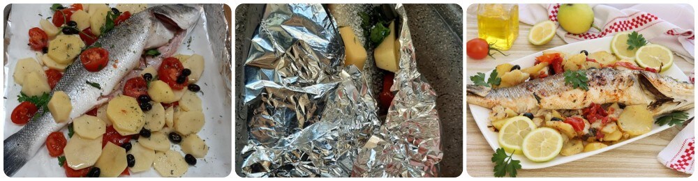 bar ou loup de mer au four avec pommes de terre, tomates cerises et olives