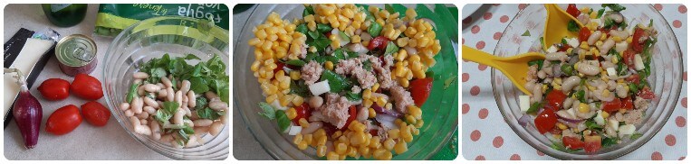 Salade froide de haricots et thon avec maïs et oignon