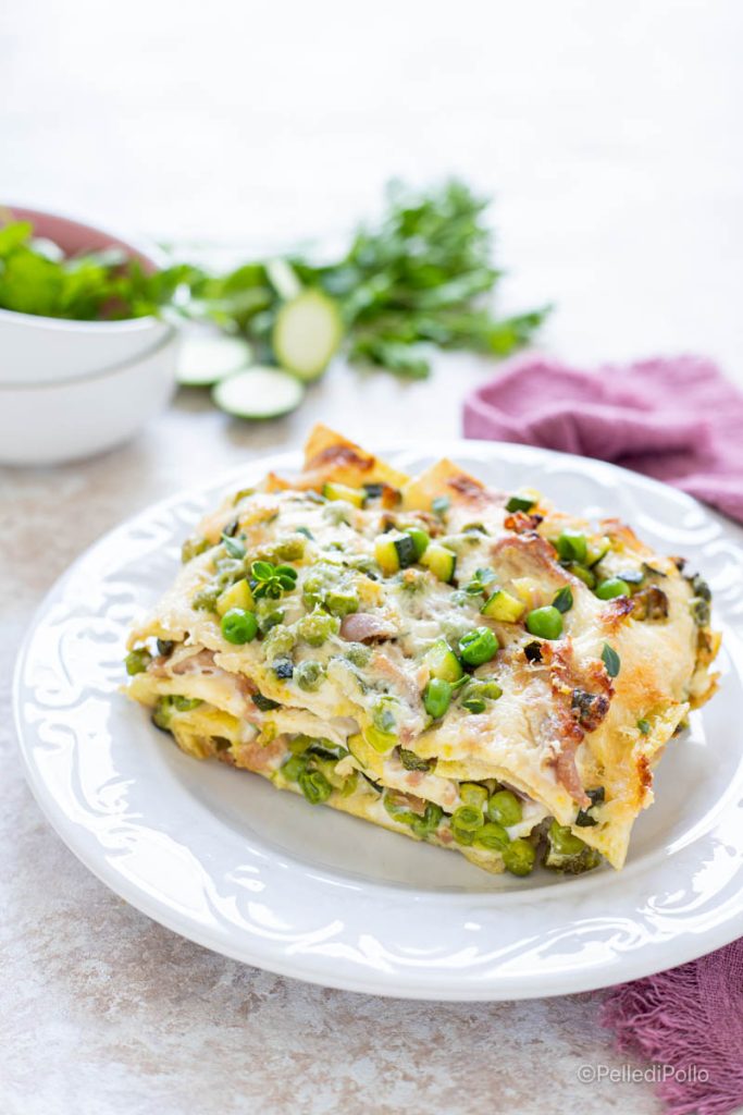lasagnes carasau avec petits pois et jambon