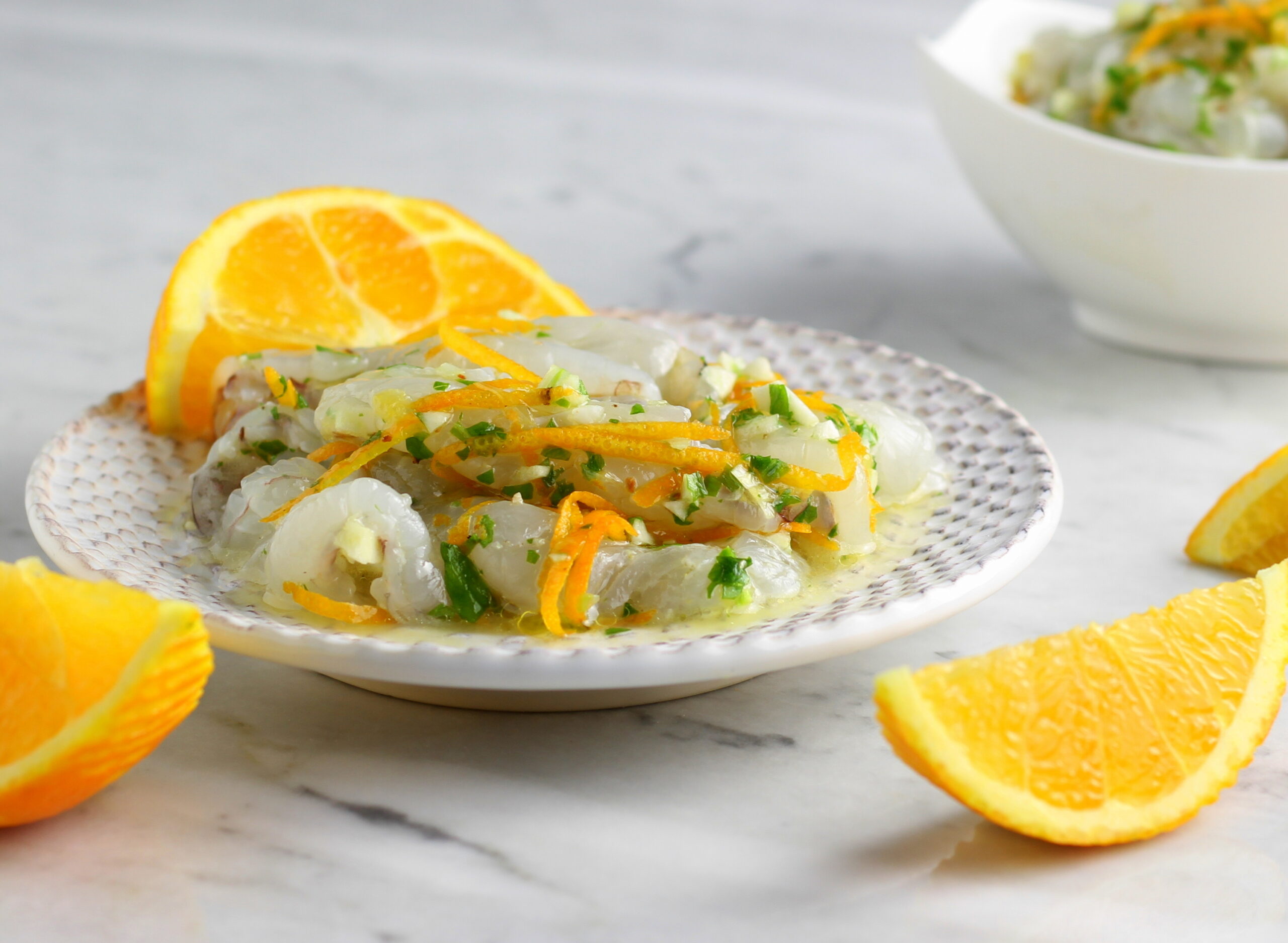 Crevettes marinées à l’orange et au citron