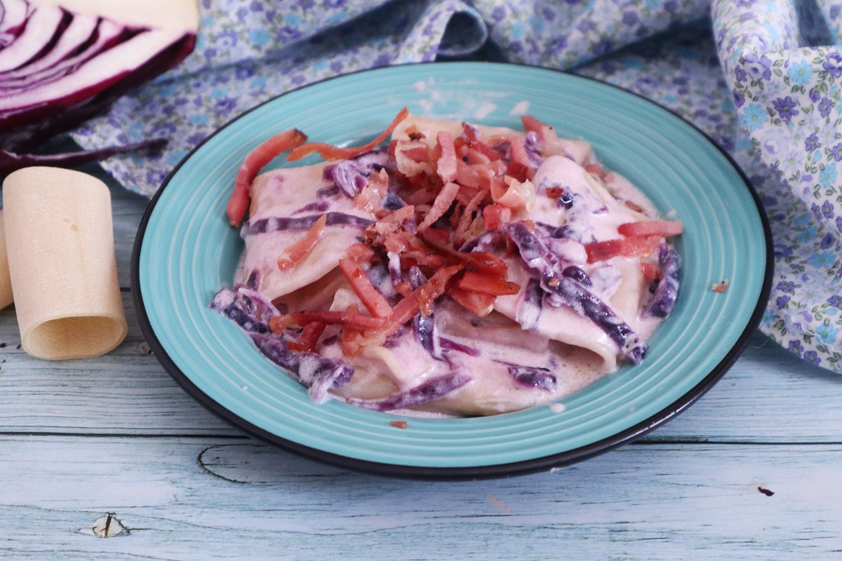 Paccheri avec chou rouge, speck et crème de fontina