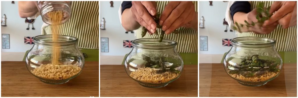 Fregula aux asperges en cuisson au bocal