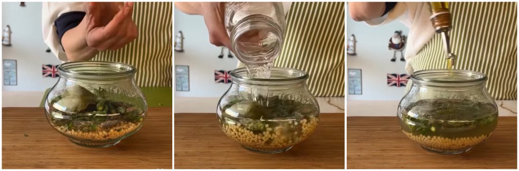 Fregula aux asperges en cuisson au bocal