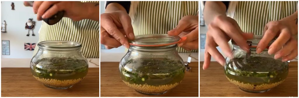 Fregula aux asperges en cuisson au bocal