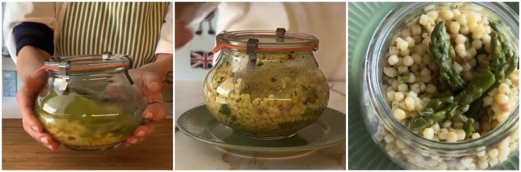 Fregula aux asperges en cuisson au bocal