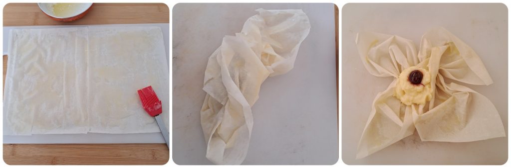 Feuilletés de pâte filo à la crème et aux griottes