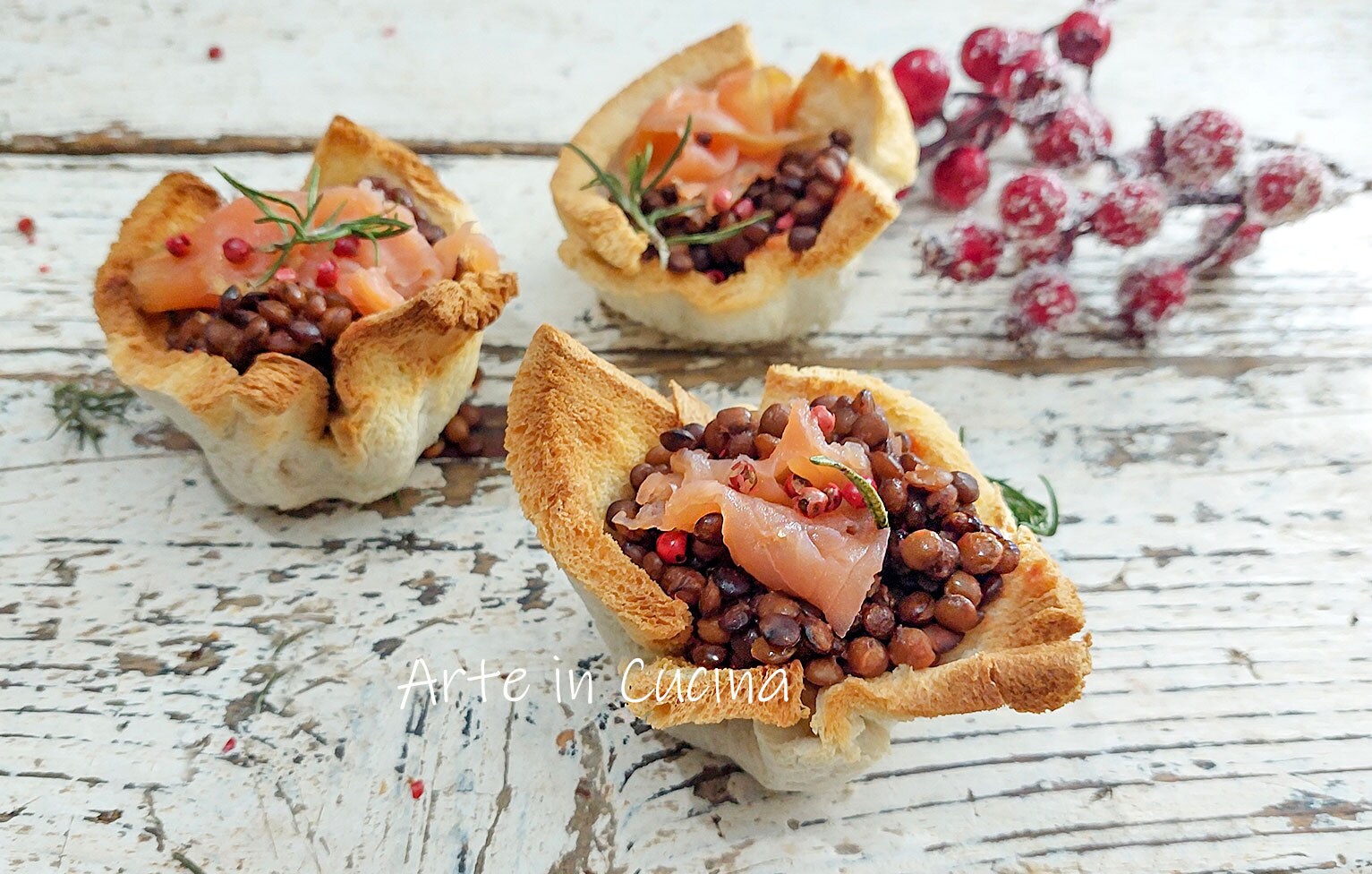 PETITS PANIERS aux LENTILLES et SAUMON avec pain de mie