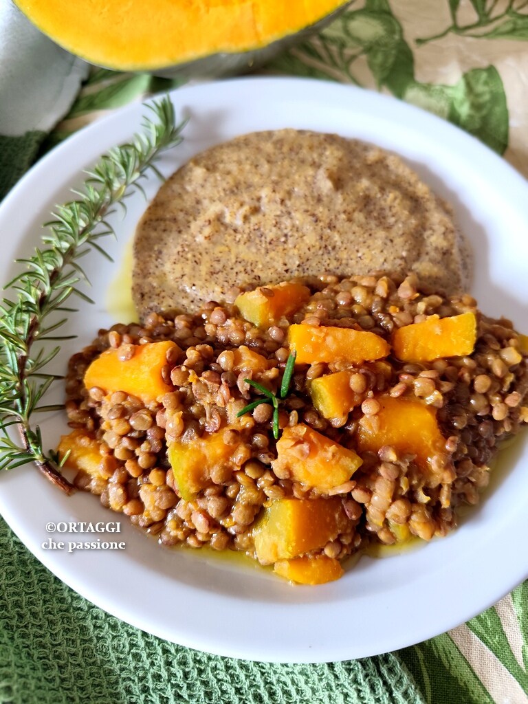 potiron et lentilles à la poêle léger