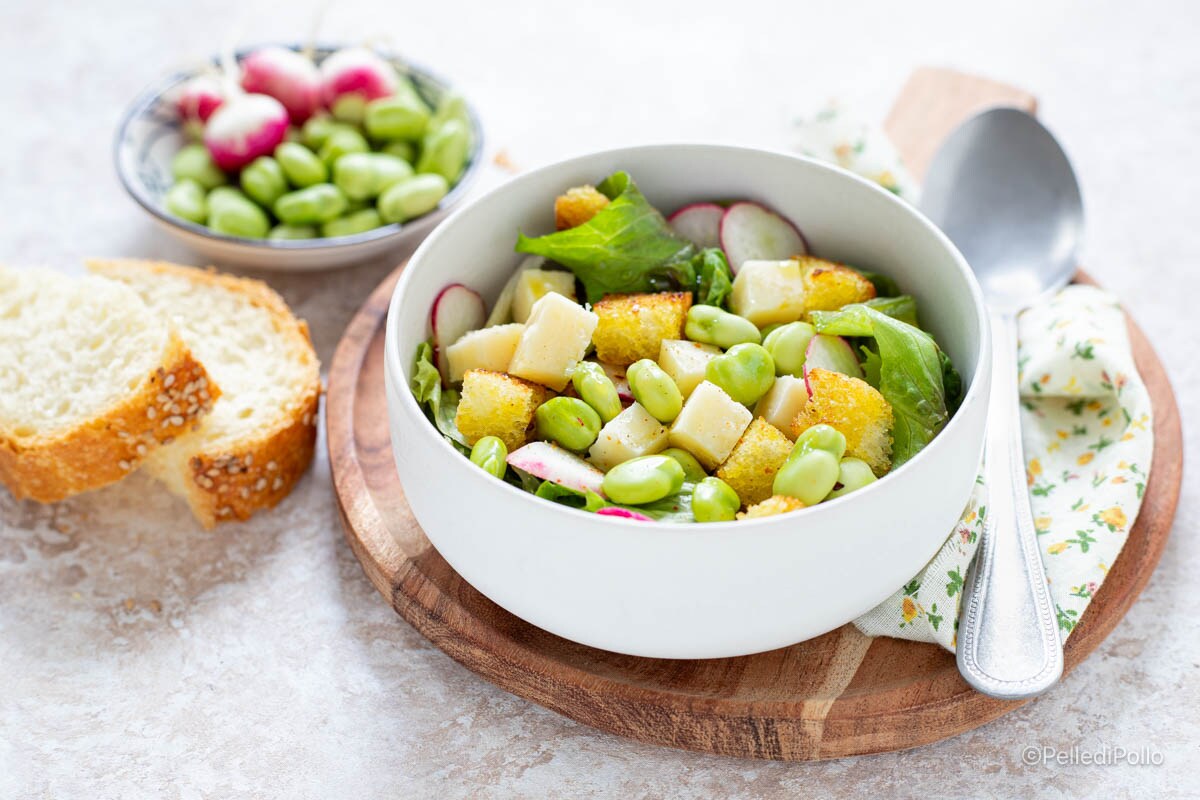 Salade de fèves fraîches avec fromage et croûtons