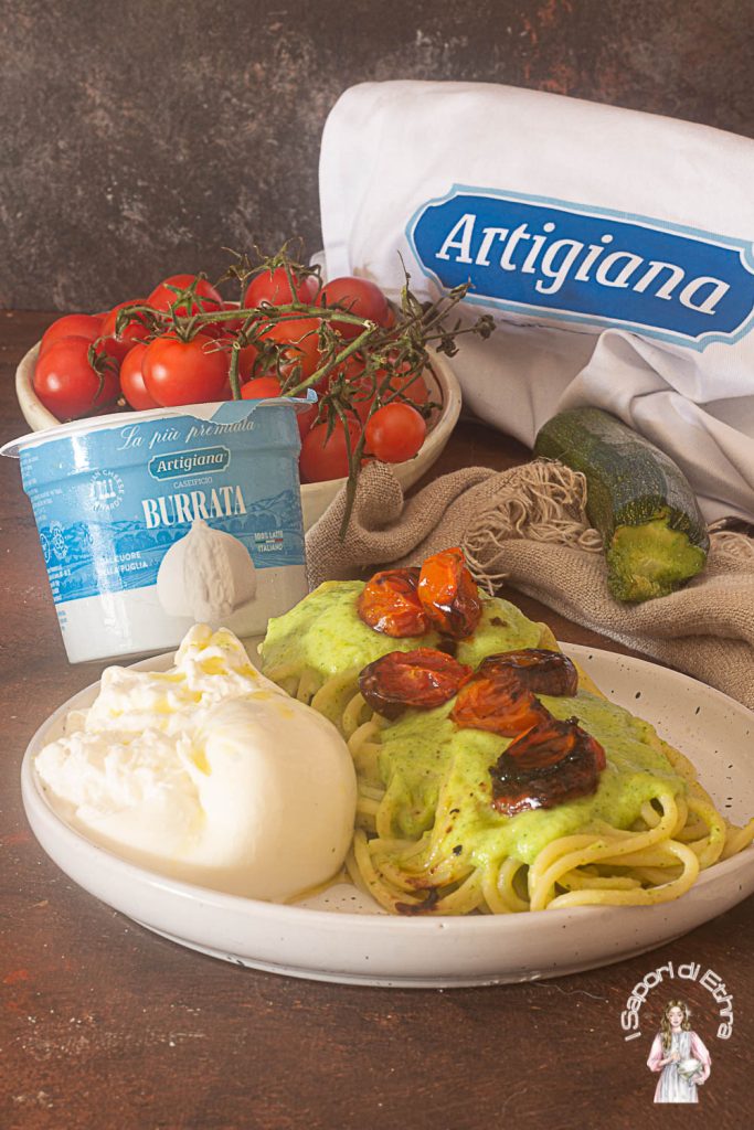 Spaghettis crémeux aux courgettes confites et burrata