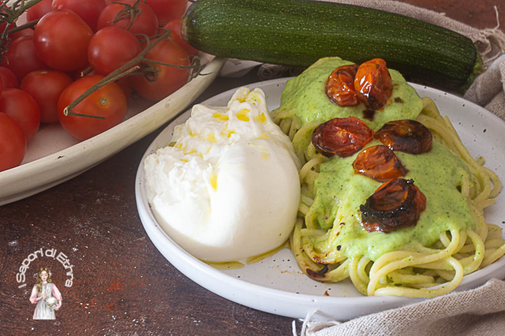 Spaghettis crémeux aux courgettes confites et burrata
