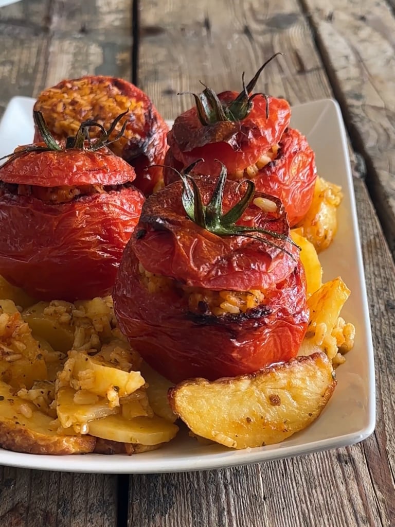 tomates farcies avec riz et cuites à la friteuse à air sur un lit de pommes de terre en quartiers