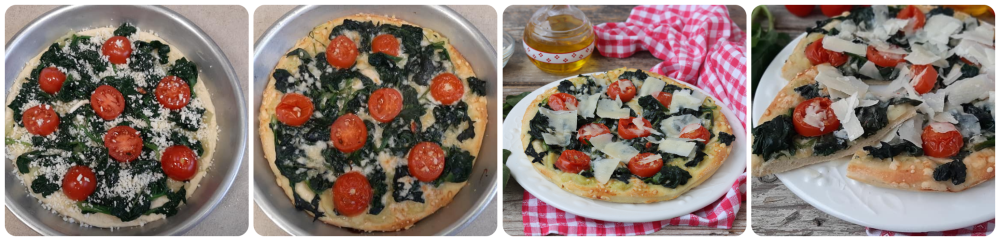 Pizza aux pommes de terre, épinards, tomates cerises et copeaux