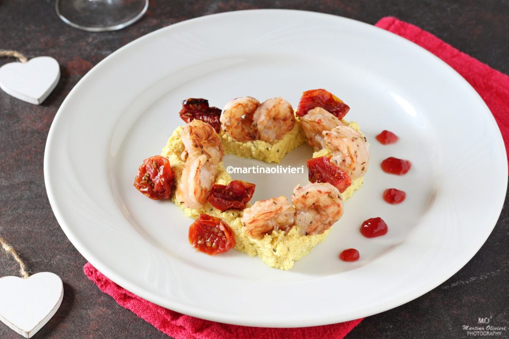 Crevettes à la confiture de fraises avec crème de lupins