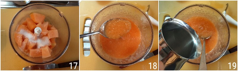 E. Mélanger le melon pour faire le nappage du cheesecake