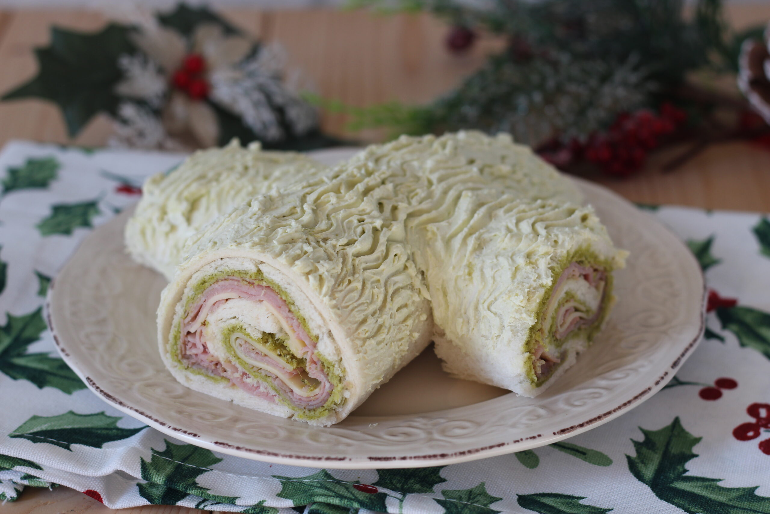 Bûche de Noël au pesto, jambon et provola
