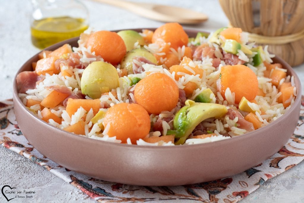 Salade de riz jambon et melon avec avocat
