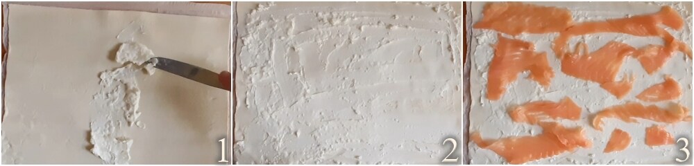 a. garnir la pâte feuilletée rectangulaire avec du fromage à tartiner et du saumon fumé en tranches