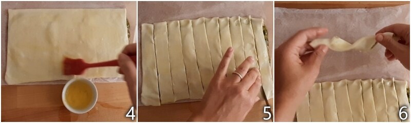 b. couper la pâte en bandes et les torsader