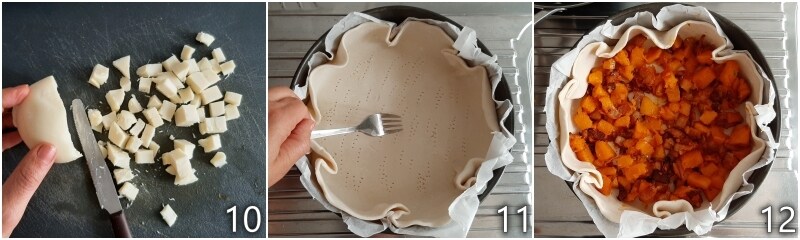 d. garnir la pâte feuilletée ronde avec la courge et le lard