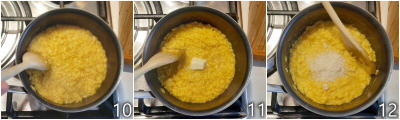d. lier le risotto avec du beurre et du parmesan