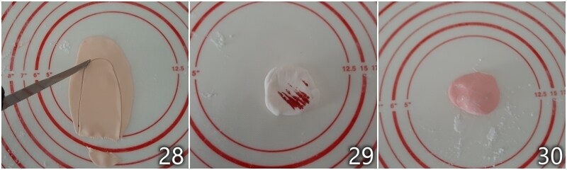 l. colorer la pâte à sucre avec peu de rouge pour faire le rose