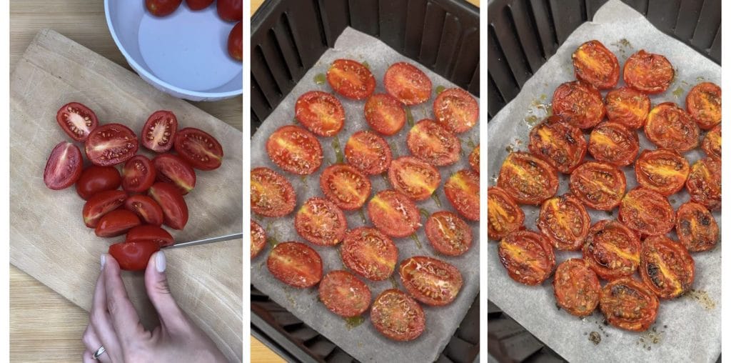 Pain croquant avec crème au yaourt et tomates cerises confites dans une friteuse à air