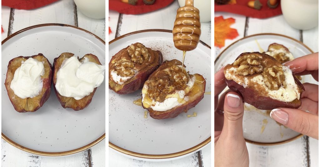 Pomme cuite à la friteuse à air avec yaourt grec, noix et cannelle