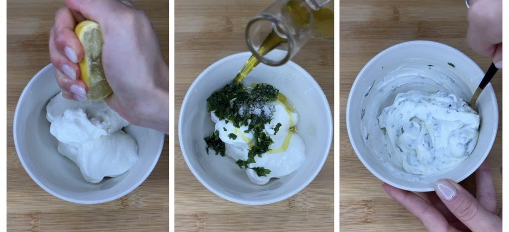 Pain croquant avec crème au yaourt et tomates cerises confites dans une friteuse à air