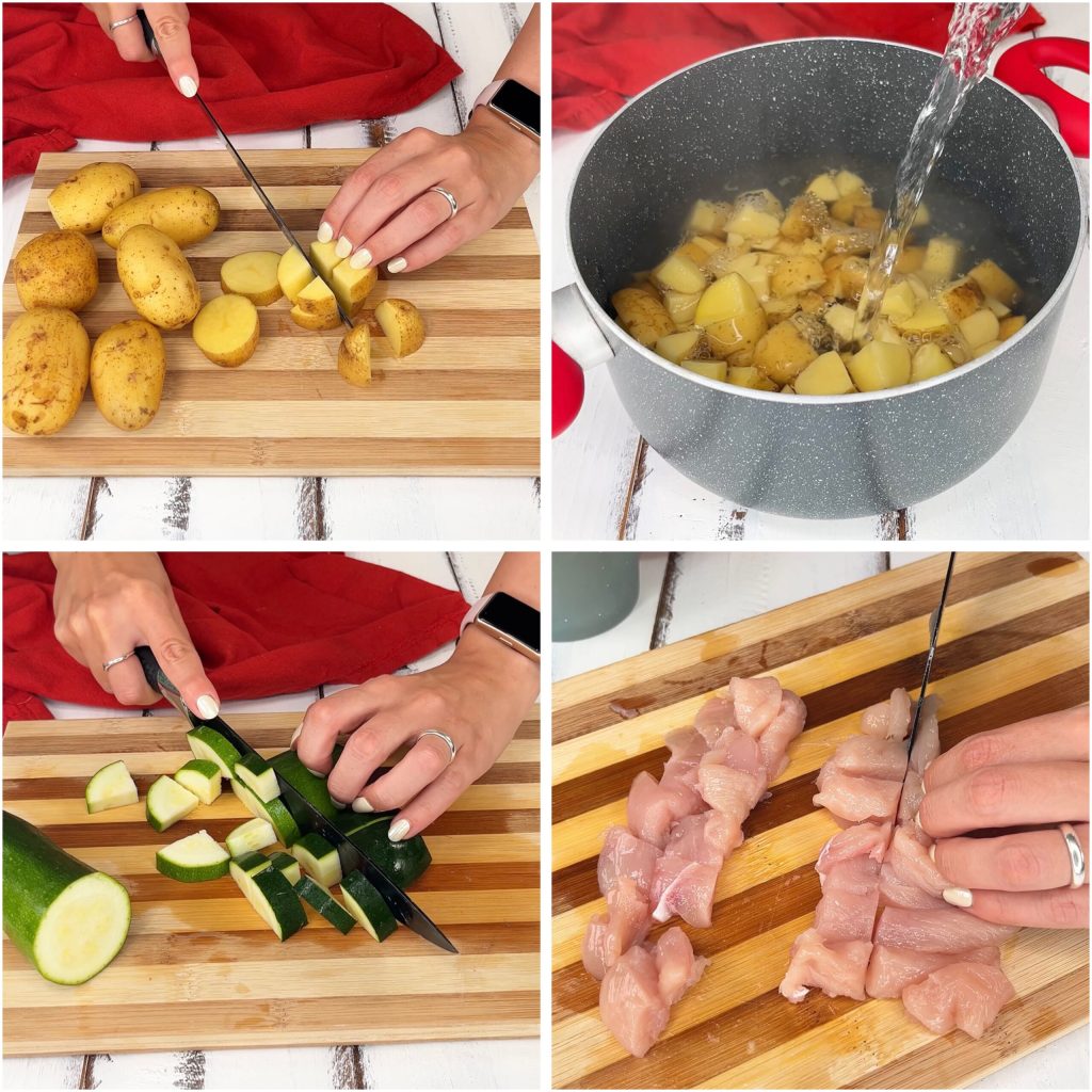 Pommes de terre sablées, poulet et courgettes à la friteuse à air
