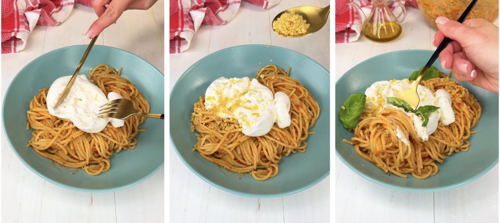 Pâtes au pesto de tomates séchées et burrata