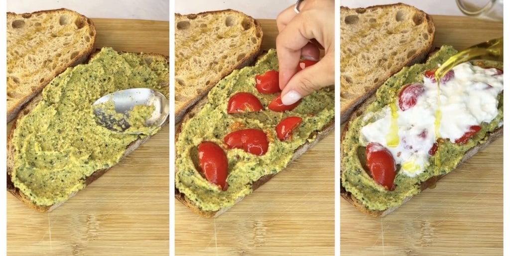 Bruschetta à la friteuse à air avec crème de courgettes, stracciatella et tomates cerises