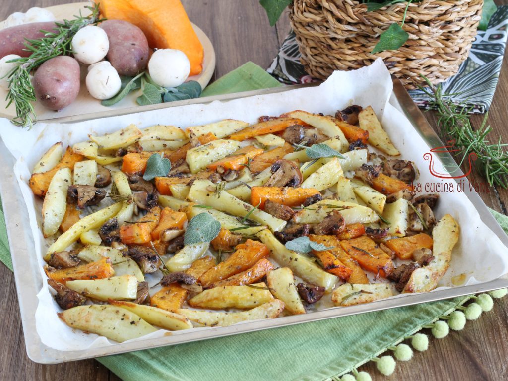 pommes de terre, courge et champignons au four