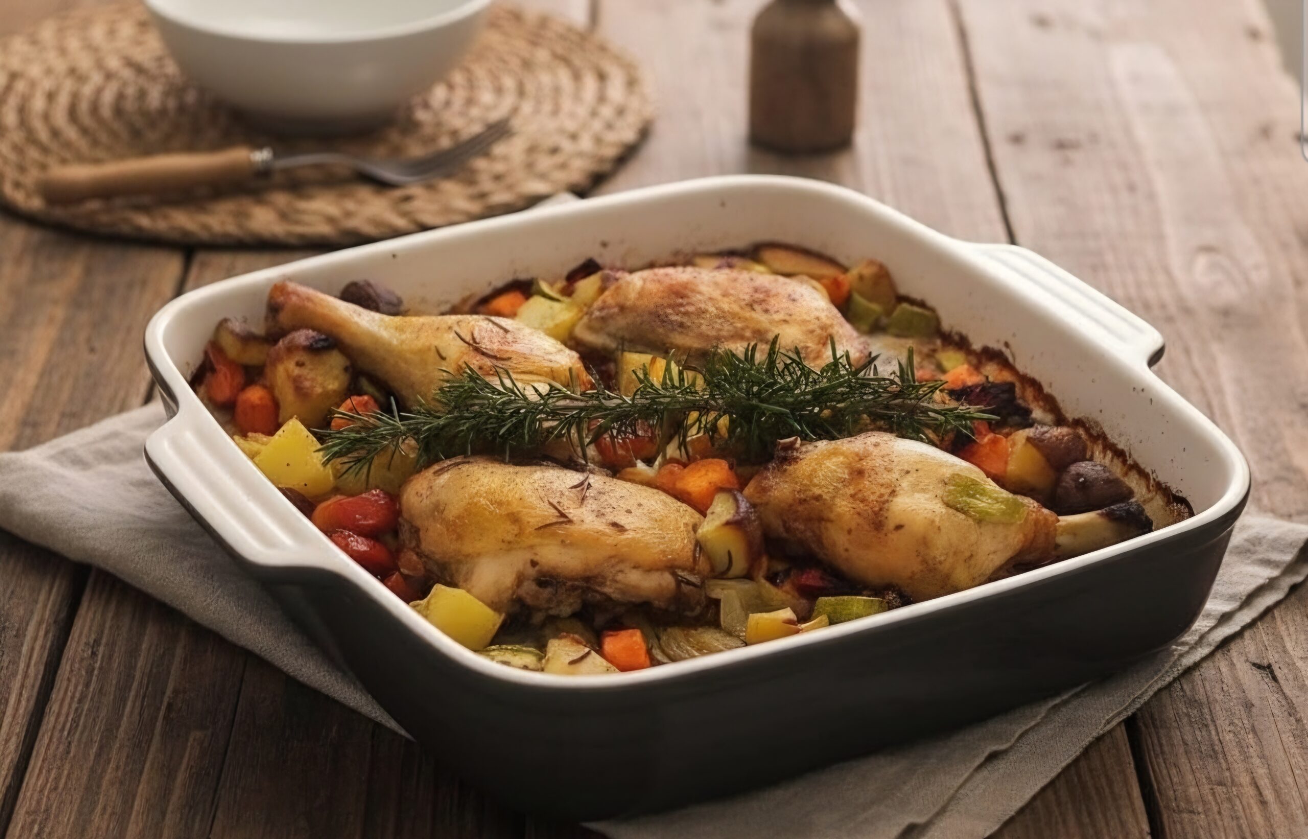 Le poulet rôti avec pommes de terre et légumes