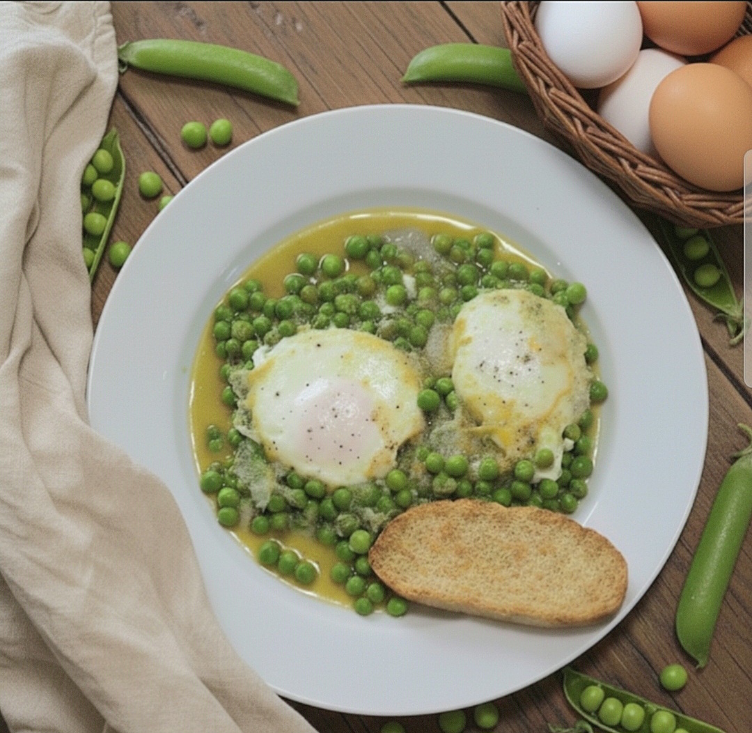 Œufs aux petits pois en ragoût à la poêle