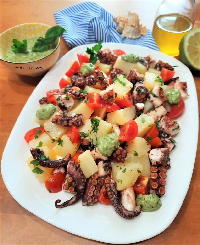 Salade de poulpe, pommes de terre et tomates cerises avec pesto
