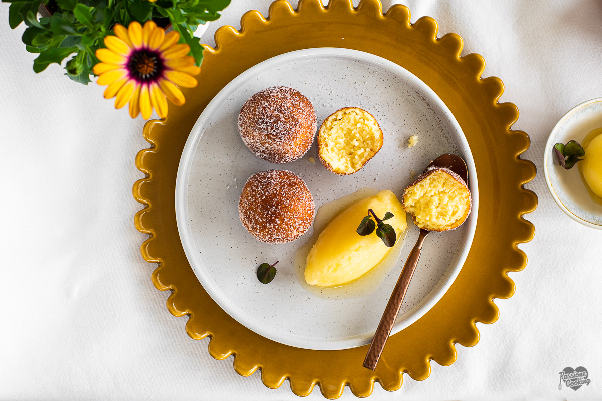 Canederli de ricotta avec sorbet aux pommes Topaz bio