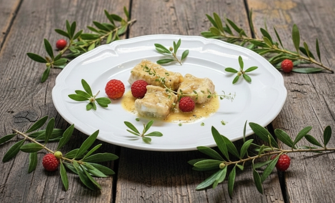 Dés de poisson-épée avec crème aux arbouses