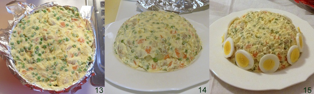 décorer la salade russe classique avec œufs durs et olives vertes