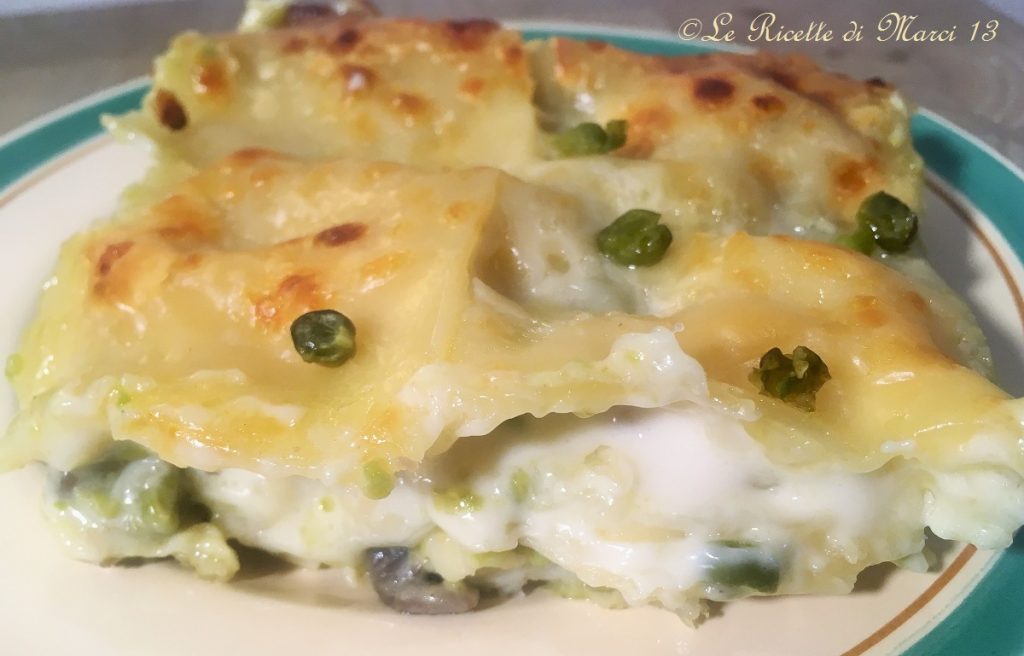 lasagnes aux champignons, petits pois et emmental
