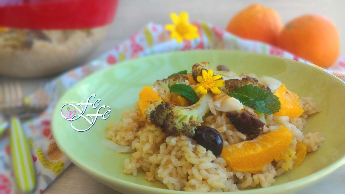 RIZ COMPLET AVEC CHOU-FLEUR AU FOUR, ORANGES ET CABILLAUD